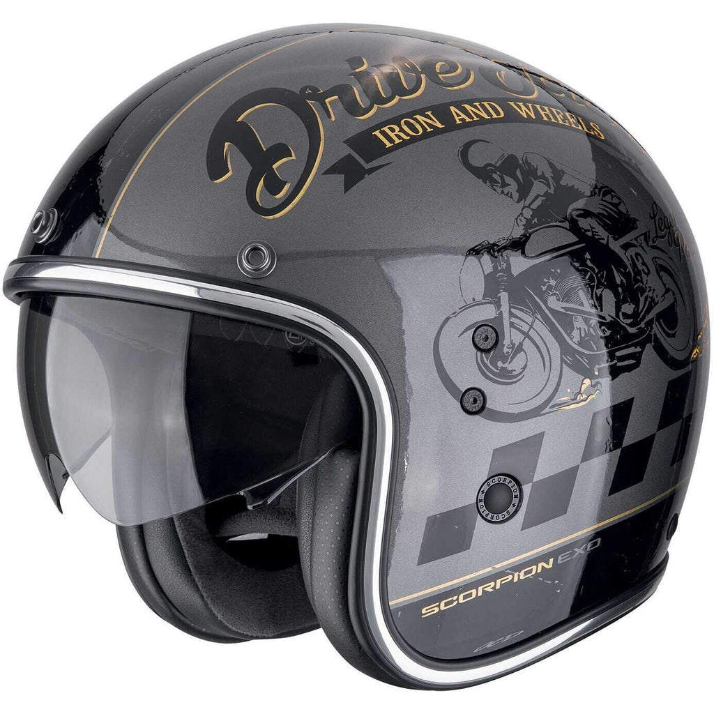 Scorpion EXO Belfast EVO Drive Fast Silver / Black / Gold L atviras motociklo šalmas